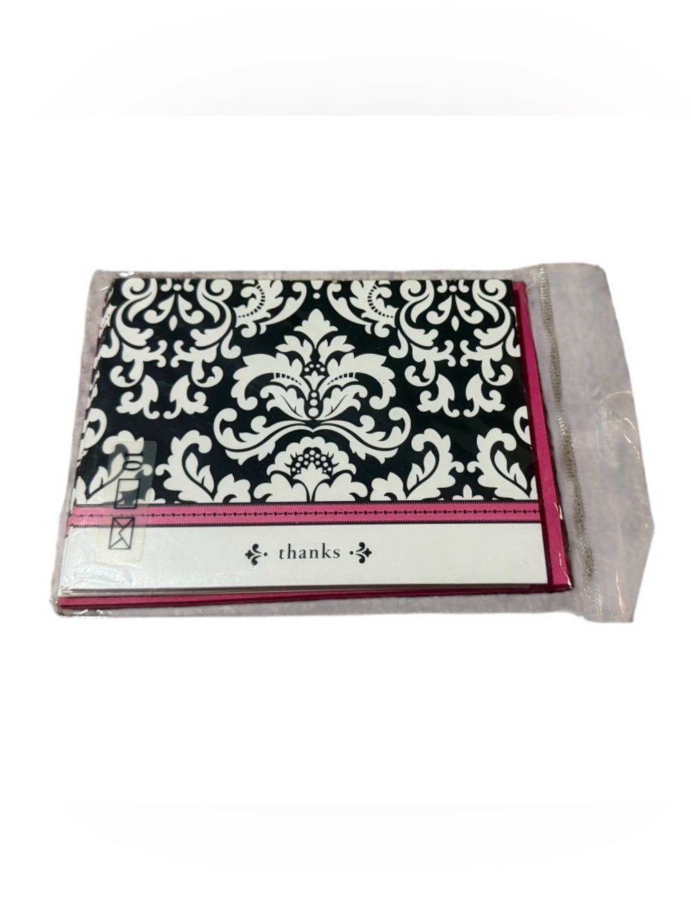 Heartline Thanks Note Cards Black & White Damask Set with Pink Accents